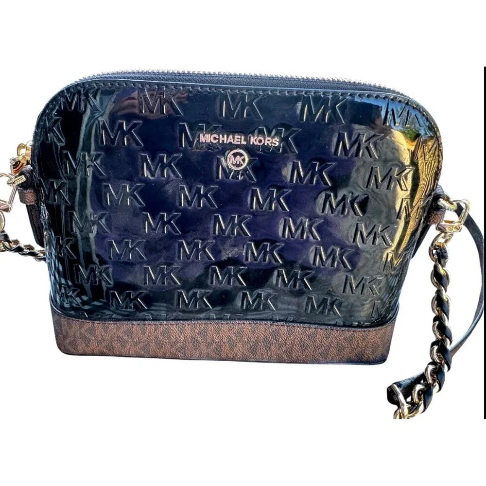 Michael Kors Dome Crossbody Bag Bl‎ Patent Leather Brown Monogram Gold Hardware